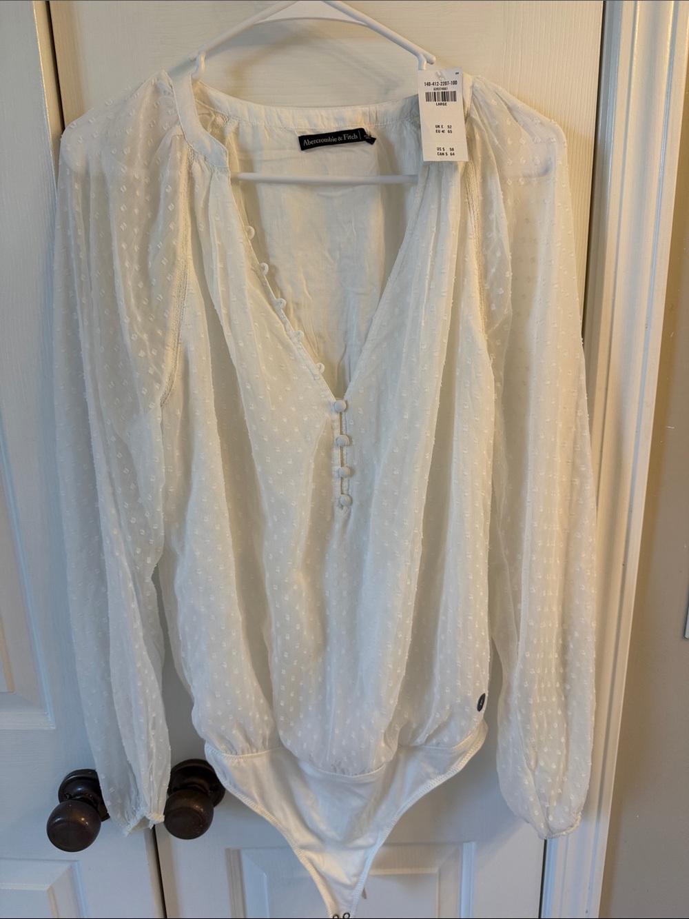 Abercrombie & Fitch White Swiss Dot Button-Up V-Neck Bodysuit